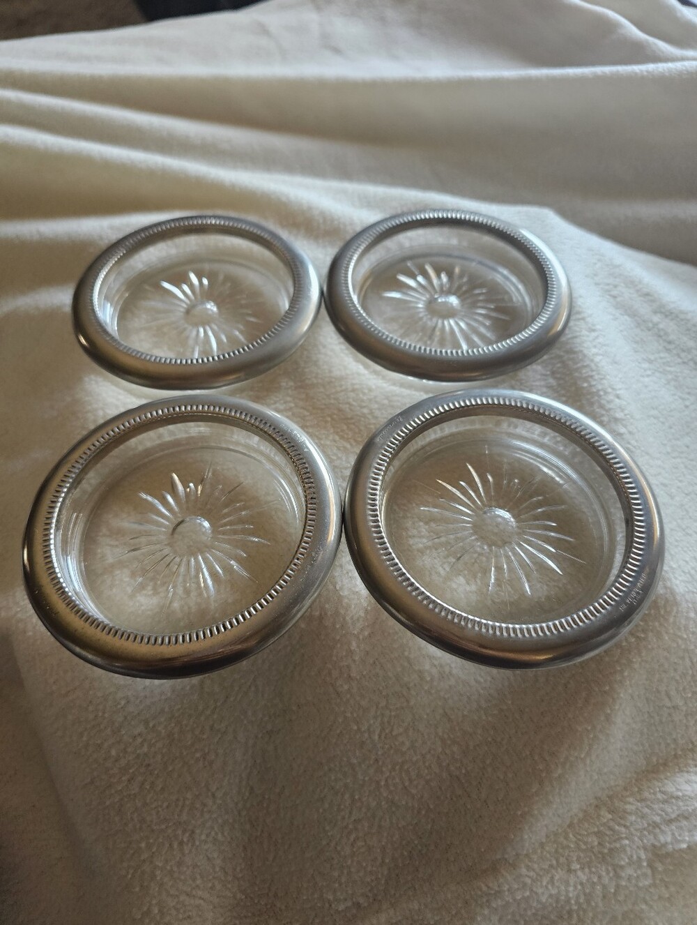 Silver Crystal Coasters Set Vintage Glass MCM